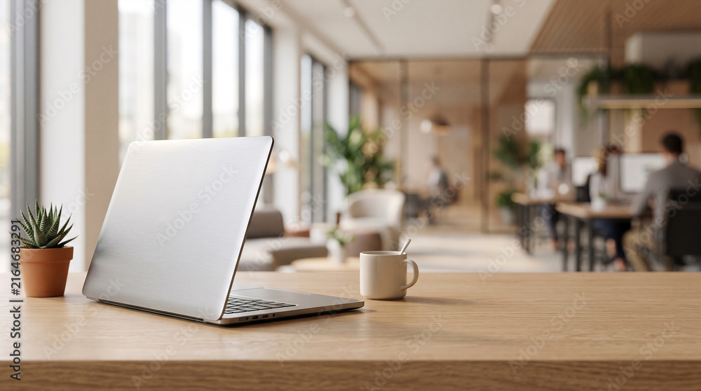 Fototapeta premium Laptop and succulent plant on wooden desk in modern blurred office workspace