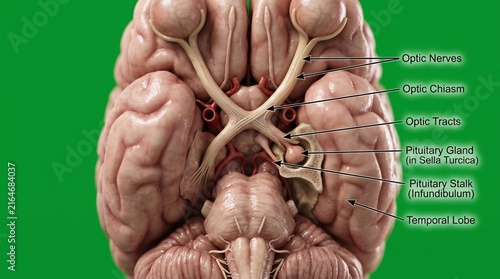 Anatomical model of human brain showing optic chiasm and nerves with medical labels.