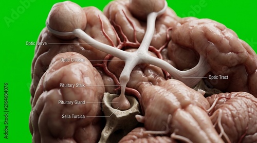 Anatomical view of the optic chiasm and nerves on human brain model for medical education.
