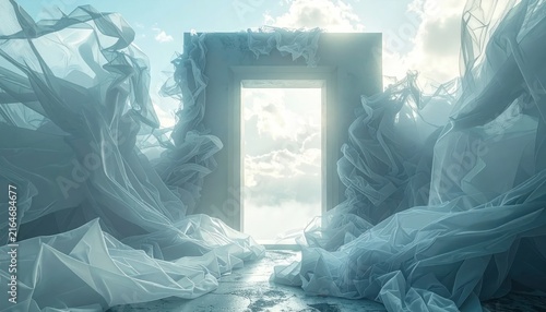 Glowing stone doorway in ethereal misty fabric landscape