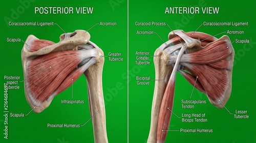 Rotator cuff anatomy medical illustration showing posterior and anterior shoulder views