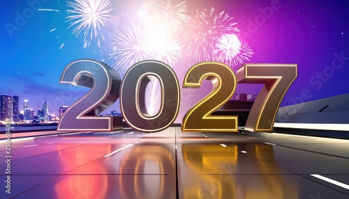 Gold 2027 numbers with fireworks over city skyline