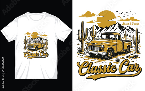 Classic car desert graphic for t-shirt design with pickup truck, cacti, mountains, and vintage sun.