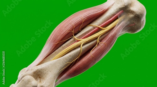 Radial nerve anatomy traversing the human humerus bone and arm muscles