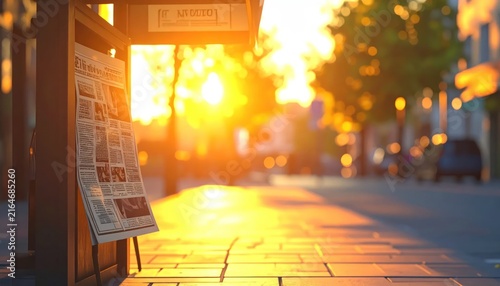 Golden Hour Sunrise Illuminates Newspaper Display on Urban Sidewalk