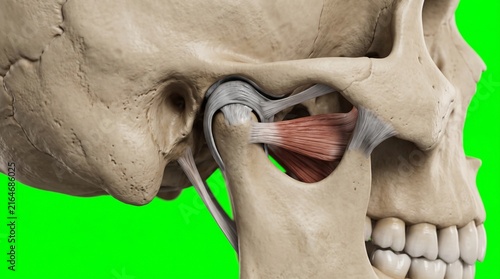 Temporomandibular joint anatomy showing jaw bone structure and lateral pterygoid muscle