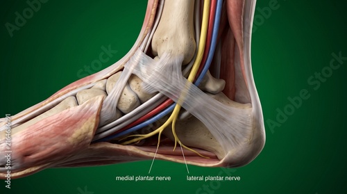 Anatomical illustration of the tibial nerve passing through the human tarsal tunnel.