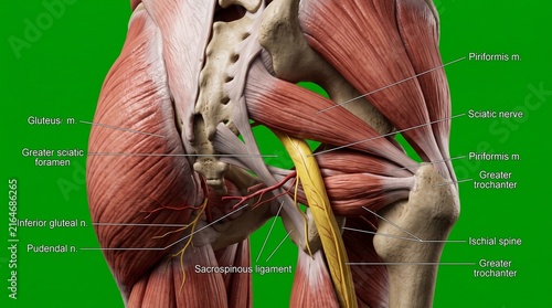 Sciatic nerve anatomy illustration showing human hip muscles and pelvic bone structure