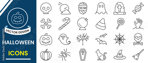 Halloween icons set. Line icon of cute and stylish Halloween symbol such as spooky, cat, hat, bat, witch, ghost, skull, spider, web and more. Halloween element vector illustration.