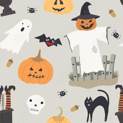 Halloween seamless pattern on grey background.  Horror print with scarecrow, bat, spider, black cat, pumpkin