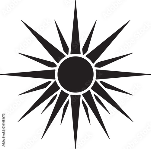 Solid Black Sun Icon – Minimal Sunburst Silhouette Vector Illustration.