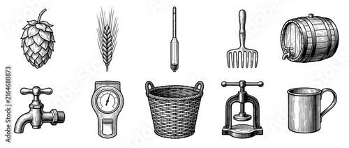 Vintage brewing and harvest icons set in engraving woodcut style isolated on white