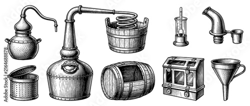 Vintage Engraved Alcohol Distillation Equipment Set with Alembic Pot Still and Wooden Barrel Illustration