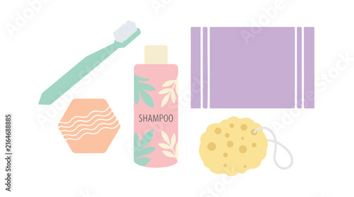 Bathroom accessories collection featuring shampoo bottle toothbrush towel and sponge vector illustration