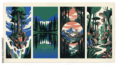 Landscape nature illustration set featuring forest mountain tree and river in graphic vector art