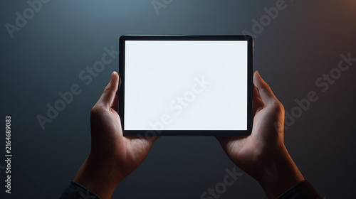 Hands Holding Tablet Mockup with Blank Screen in Dark Cinematic Lighting