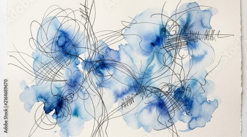 Blue Watercolor Abstract with Chaotic Black Ink Lines