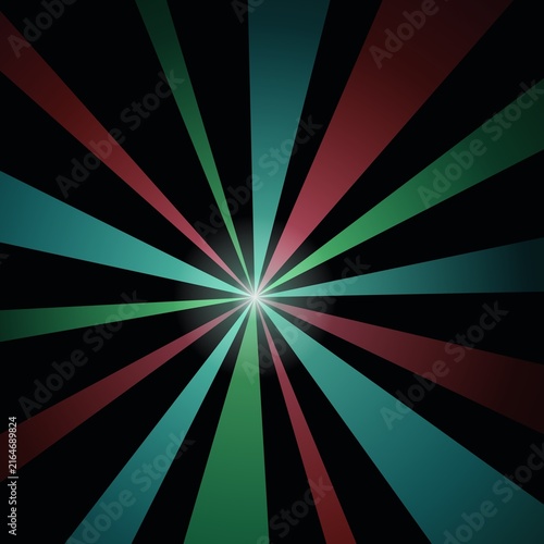 Abstract colorful light rays burst with teal red and green beams emanating from glowing center on dark black backgrounds style