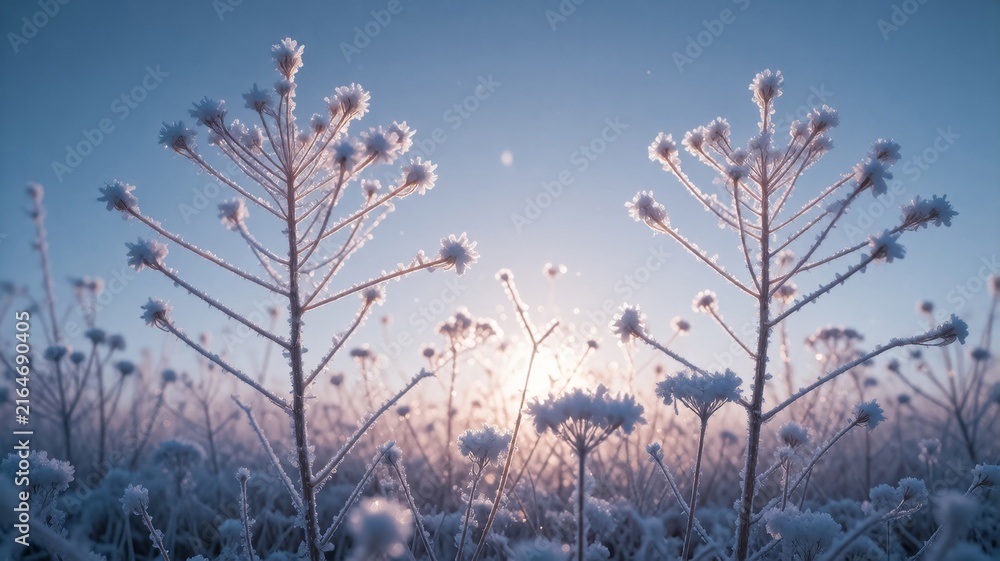 Obraz premium Frost-covered wild plants in a snowy field at sunrise