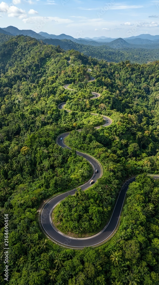 Fototapeta premium Scenic winding road through lush green forest landscape with distant mountains.