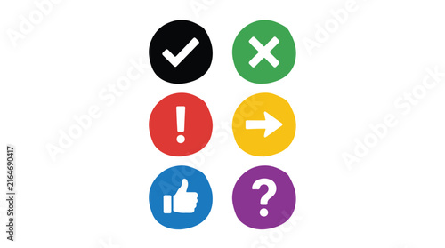 Checkmark cross exclamation arrow thumbs up and question mark symbols inside colorful circles