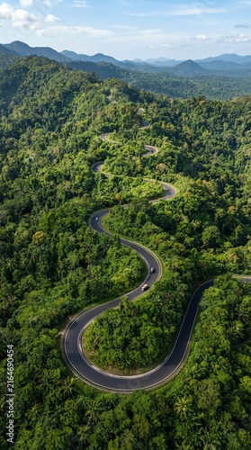 Scenic winding road through lush green forest landscape with distant mountains.