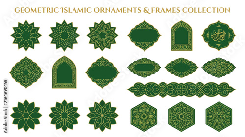 Islamic geometric ornament and frame collection with traditional green pattern design