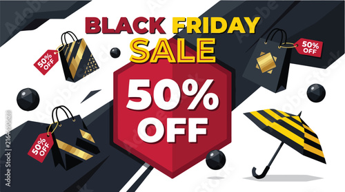 Black Friday sale banner design with discount shopping bags and promotional text