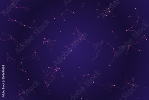 Abstract digital network concept with interconnected nodes and lines on a deep purple background, illustrating a modern technological connection