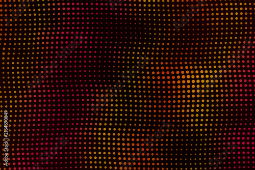 Dark red and orange halftone dotted abstract background texture with glowing square pixel matrix pattern design element