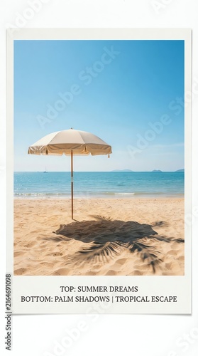 Serene Beach Scene with Umbrella and Ocean View.