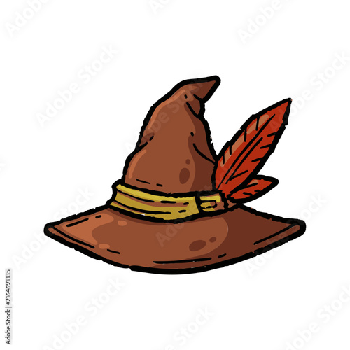Bild auf Leinwand Wizard hat brown, hand drawn mage hat feather, fantasy rpg accessory icon