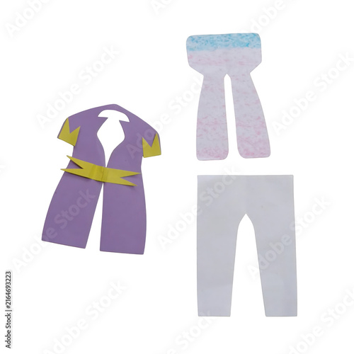 Of a purple and yellow umbrella, white mannequin, and white shirt on black background, purple umbrella