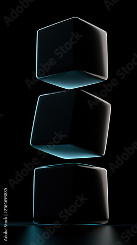 Three Floating Black Cubes with Subtle Blue Futuristic Glow