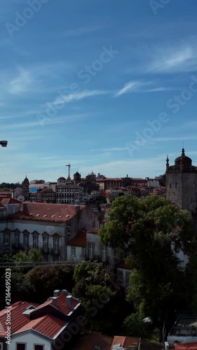 Aerial reveal of the historic old town of Porto, Portugal