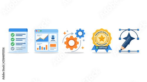 Flat vector icon bundle featuring checklist, data analytics, gear optimization, premium quality seal, and professional design tools
