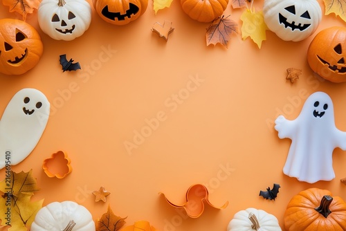 A white background with a pumpkin and a pumpkin hat , with ample copy space for text.