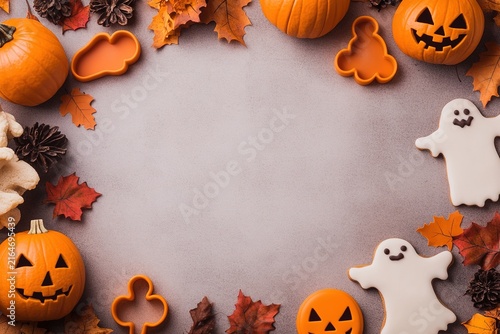 A white background with a pumpkin and a pumpkin hat , with ample copy space for text.