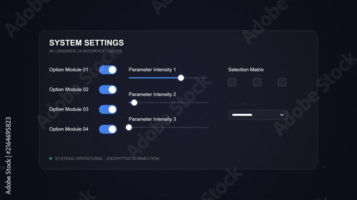 Cinematic system settings interface with parameter sliders and toggles advanced