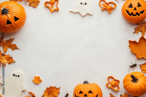 A white background with a pumpkin and a pumpkin hat , with ample copy space for text.