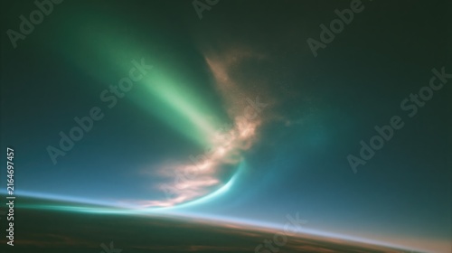 A vivid green aurora arcs over Earth's curved horizon, seen from space, with luminous swirls and a soft dawn glow along the atmosphere.