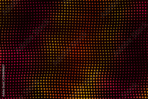 Abstract dark background featuring a vibrant pattern of orange and red pixelated dots in a digital halftone grid layout