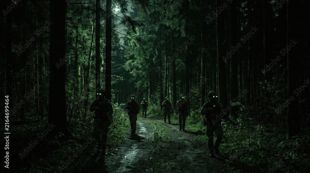 Fototapeta premium special forces squad patrolling dark forest. soldiers wearing glowing green night vision goggles and tactical gear. stealth combat mission. banner, website header with copyspace.