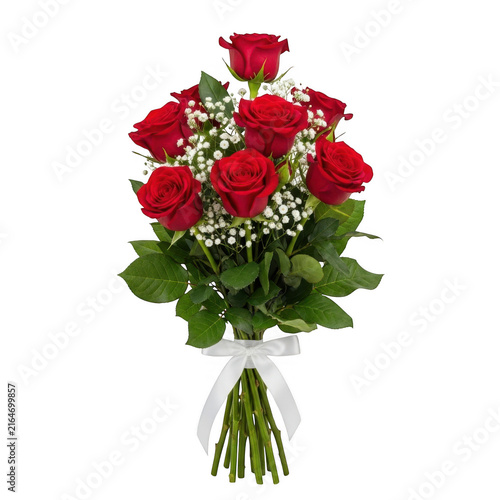 Red roses bouquet in clear cellophane wrap