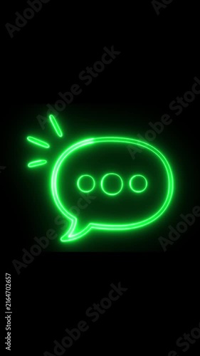 Glowing Neon Chat Bubble Icon Animation with Three Dots on Black Background