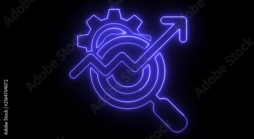 Growth Strategy Icon with Gear and Magnifying Glass on Black Background