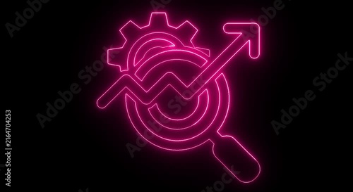 Target and Growth Strategy Icon with Gear and Magnifying Glass on Black Background