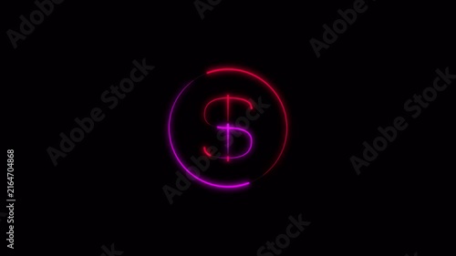 Neon glowing dollar sign currency symbol inside circular frame bright pink