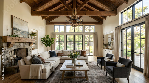 house with exposed beams and hight ceilings 