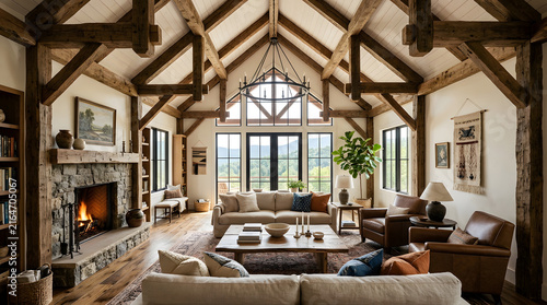 house with exposed beams and hight ceilings 